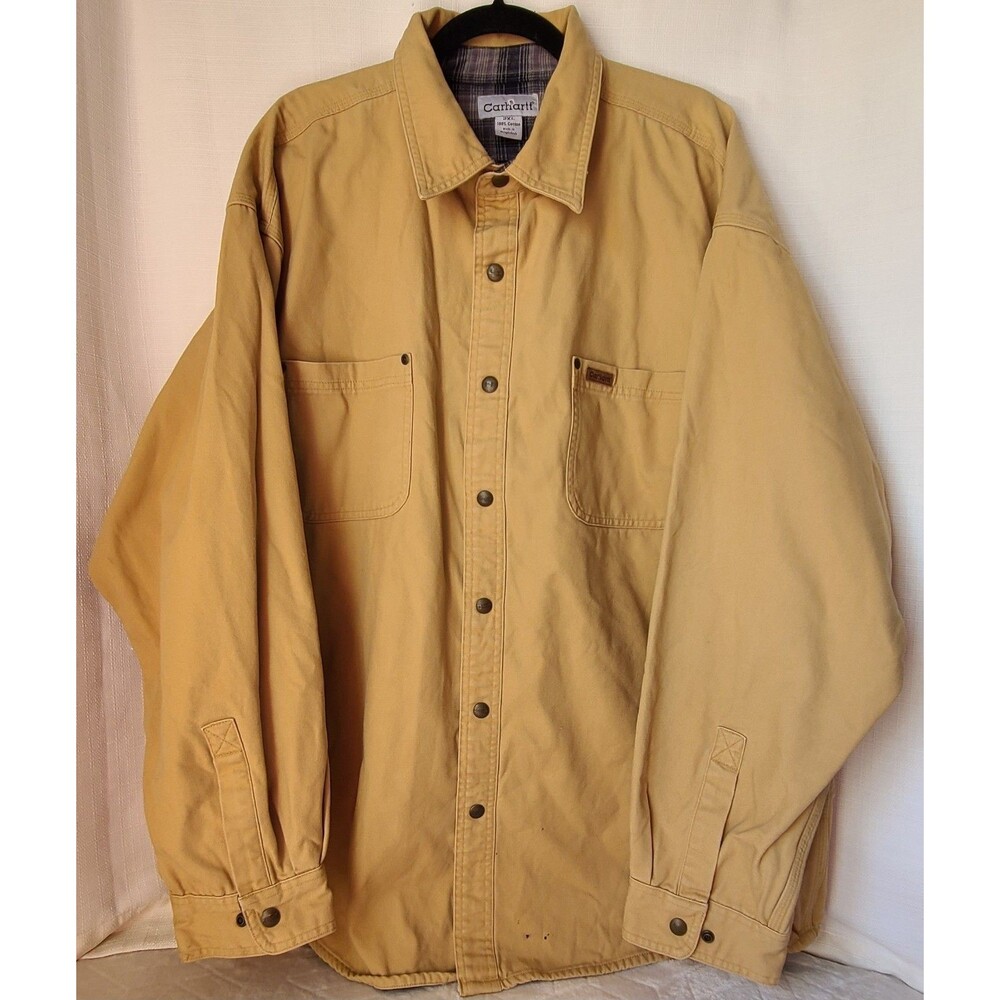 Carhartt Shirt Jacket Men 2XL Tan Flannel Lined Canvas Snap Front Workwear
